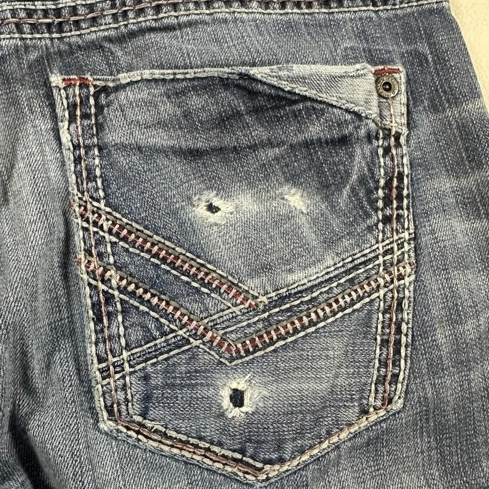 BKE Carter‎ Straight Mens Jeans 32L Medium Wash Blue Distressed Heavy Stitching